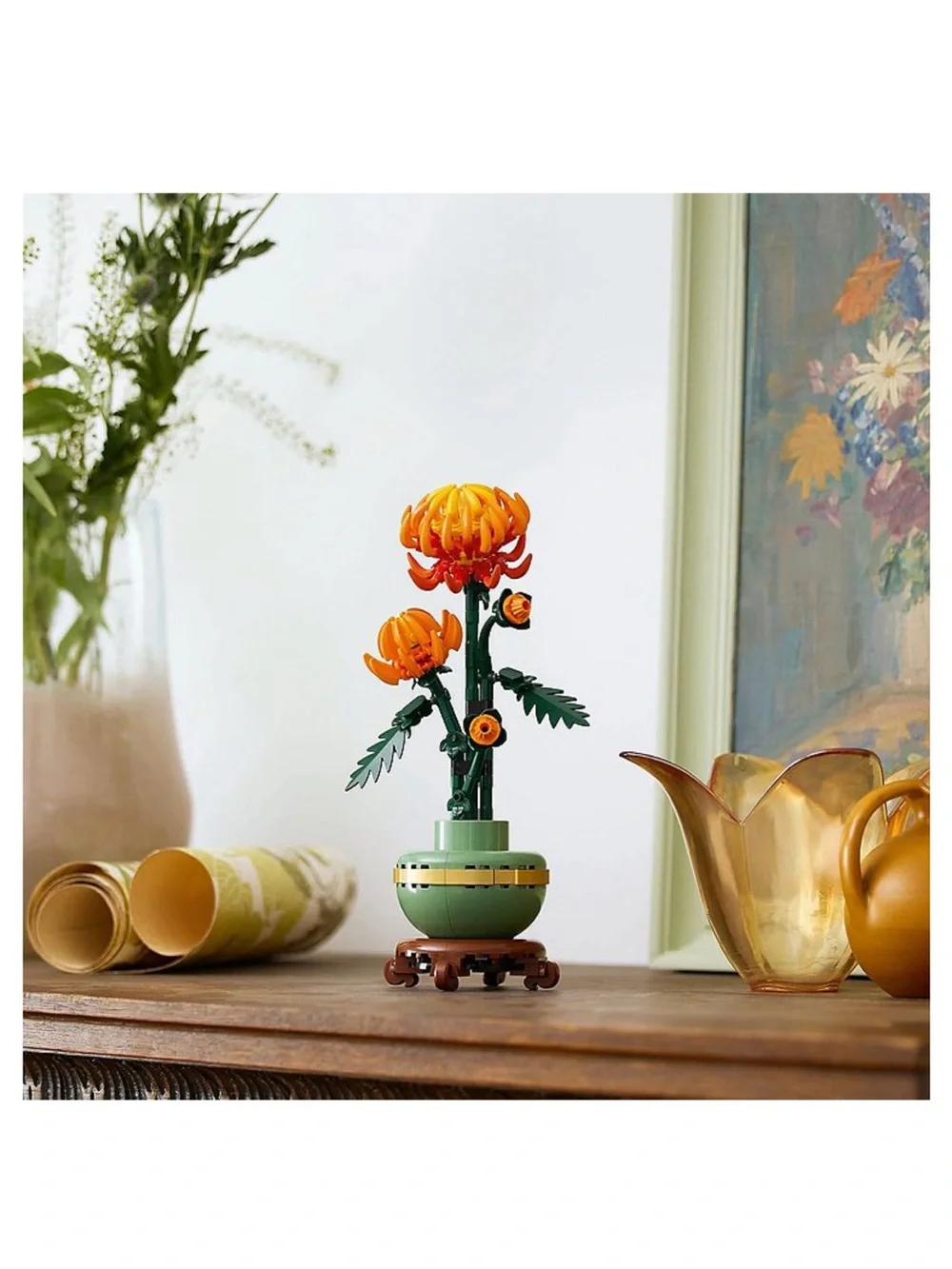 Lego Chrysanthemum Botanical Build — Orange and Green Floral Display